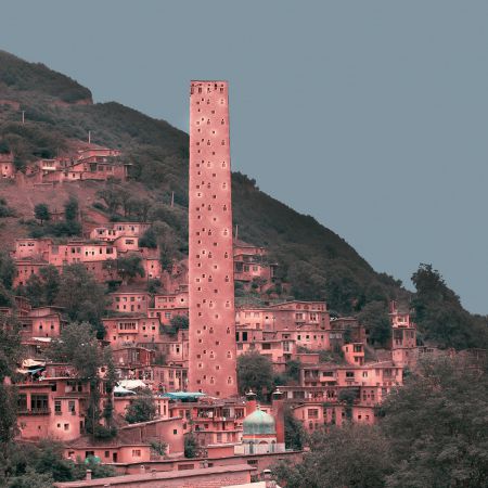 Retro futurism photomontage about Iranian architectural skyscrapers in villages  7 